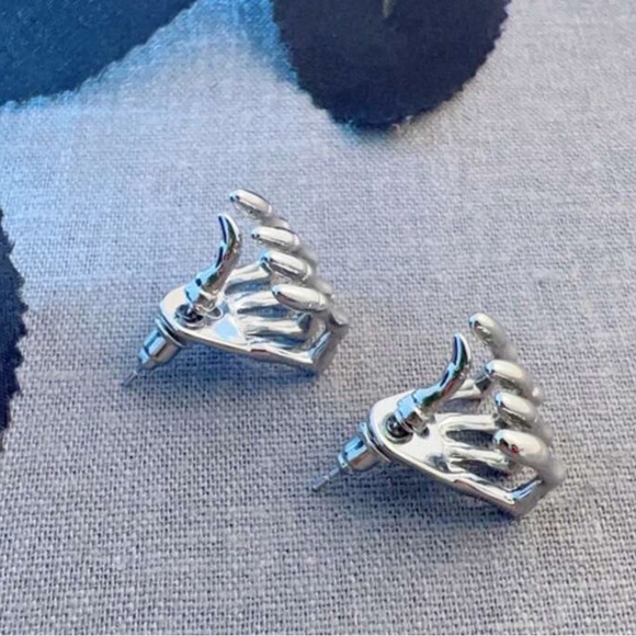 Any 4/$25! Silver Skeleton Hand Studs w/Jacket Backs Earrings - Picture 4 of 7